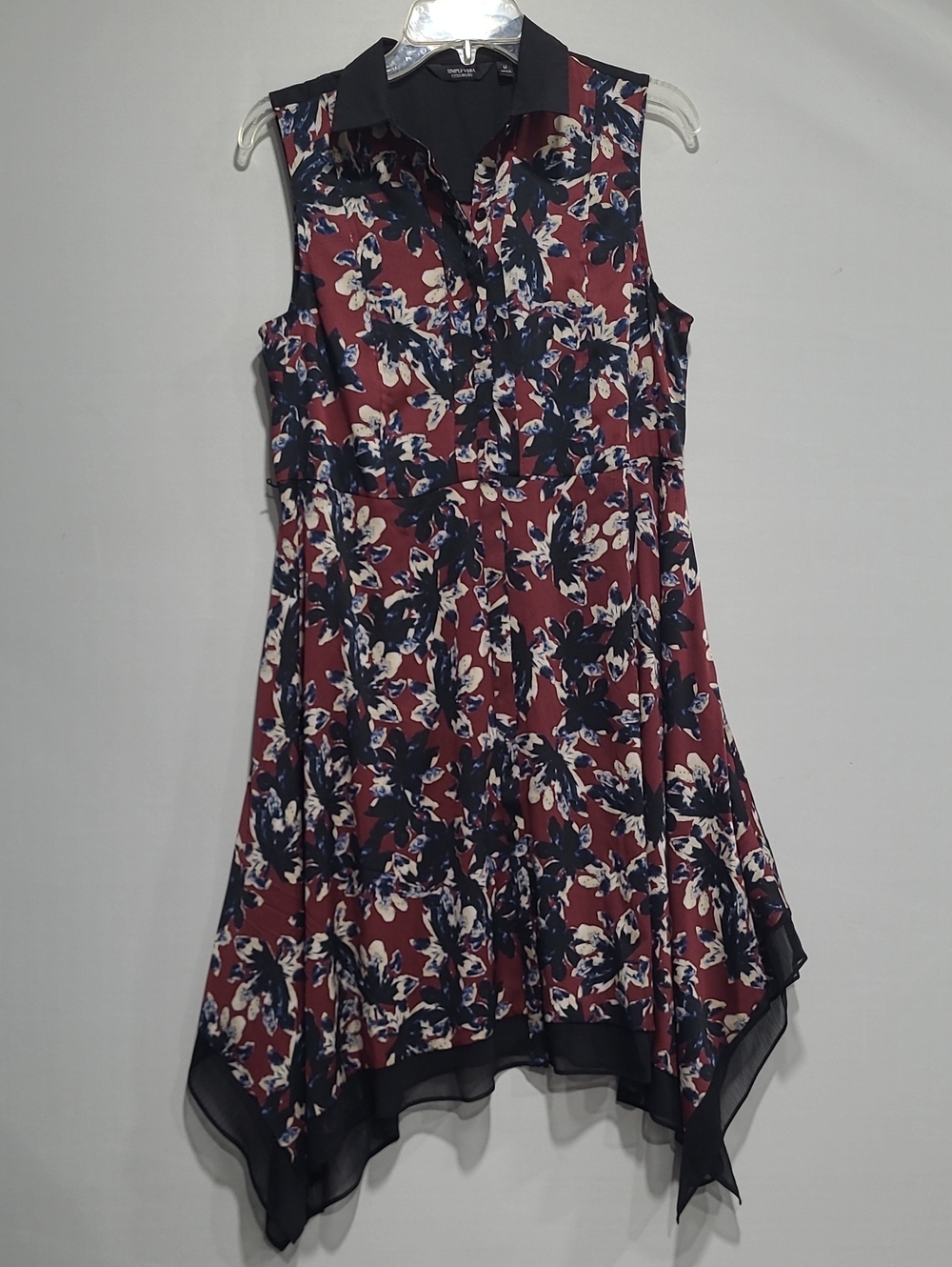 SIMPLE VERA WANG BURGUNDY FLORAL BUTTON DOWN DRESS V-NECK BLACK LACE TRIM Sz M